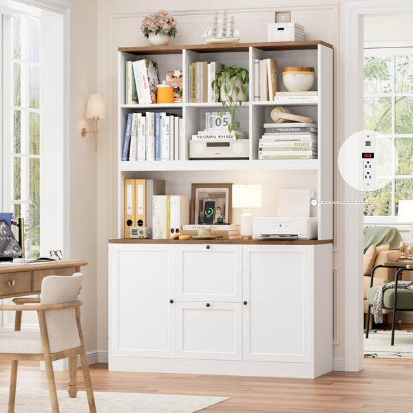 72-Inch Tall Bookcase with Power Outlet, File Drawers & Cabinet Doors