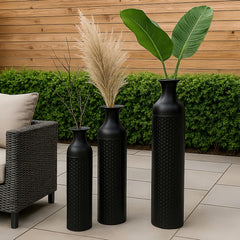Black Metal Floor Vase Set of 3 – Honeycomb Texture