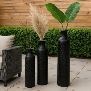 Black Metal Floor Vase Set of 3 – Honeycomb Texture