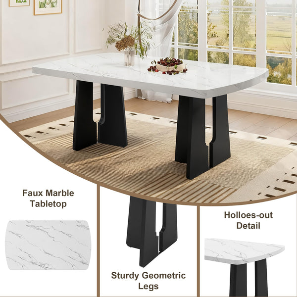 6-Piece Faux Marble Oval Dining Table Set with Chairs and Bench