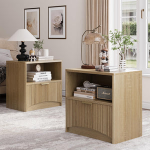 Fluted Nightstand Set of 2 with Drawer & Open Shelf