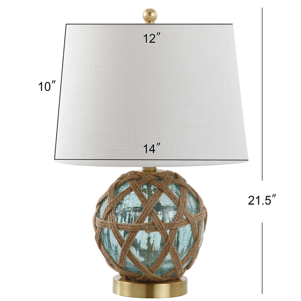 Aqua Glass & Rope Nautical Table Lamp with White Linen Drum Shade