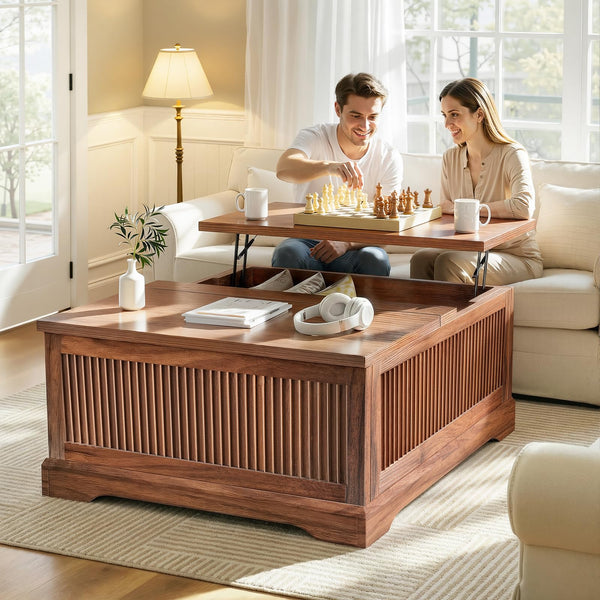 Lift Top Coffee Table with Storage – Fluted Square Design
