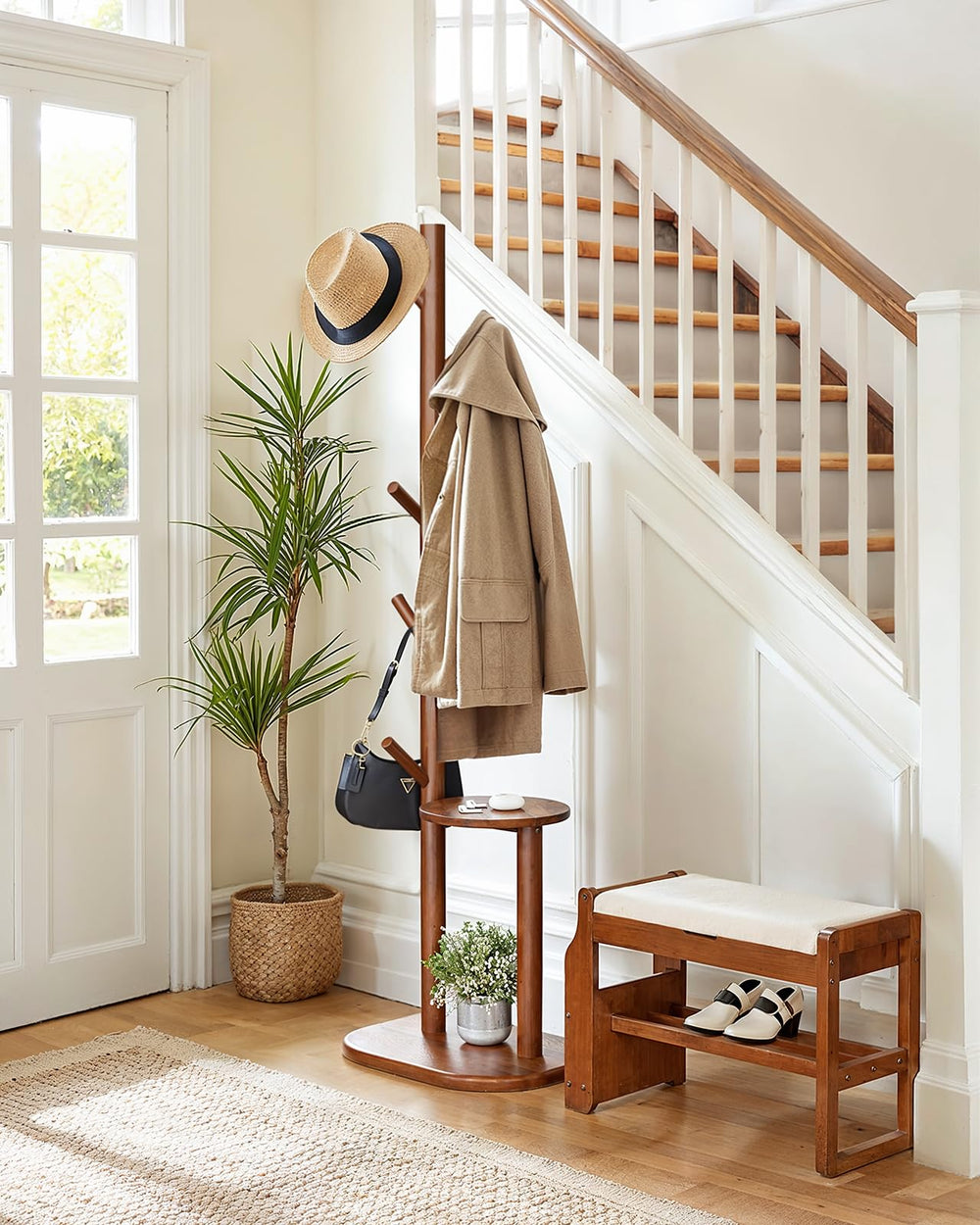 Freestanding Hall Tree Coat Rack with 8 Hooks & Storage Shelf