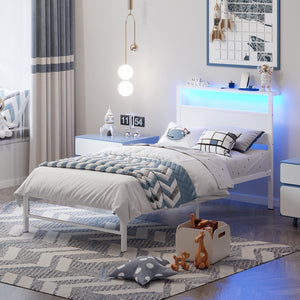 Twin Bed Frame with Headboard Shelf, RGB LED Light & Charging Station
