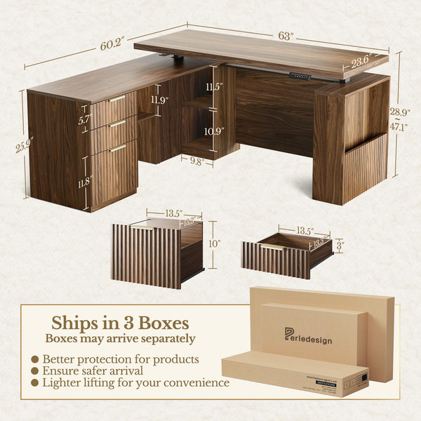 63" L-Shaped Electric Standing Desk with Drawers & File Cabinet