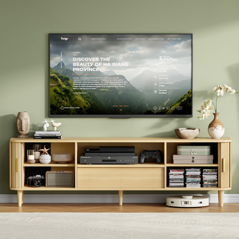 Modern Fluted TV Stand with Sliding Doors — Oak, Fits TVs Up to 80"