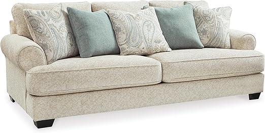 Beige Chenille Loveseat with Accent Pillows & Rolled Arms