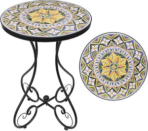 Outdoor Mosaic Side Table - Ceramic Tile Top Metal Frame Patio Accent Table