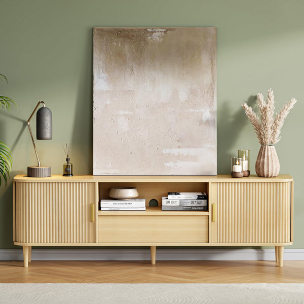 Modern Fluted TV Stand with Sliding Doors — Oak, Fits TVs Up to 80"