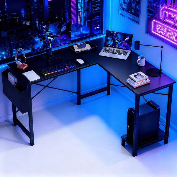 L-Shaped Corner Desk 50 Inch with Side Bag and Reversible CPU Shelf