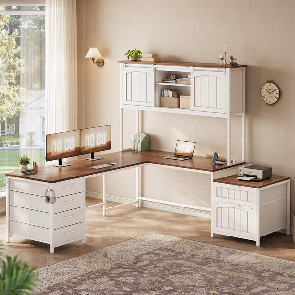 L-Shaped Office Desk with Hutch, 6 Drawers & Power Outlet – Farmhouse Corner Desk