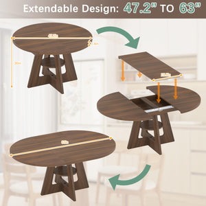 Round Extendable Dining Table 47.2"–63" with Storage Shelf, Walnut