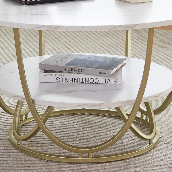 Round Coffee Table with Storage, 30" Marble White Top & Gold Frame