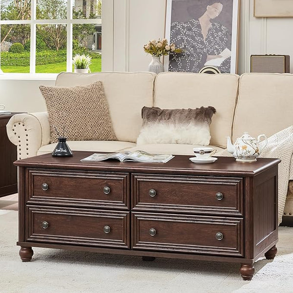 Farmhouse Coffee Table with 4 Drawers & Hidden Storage