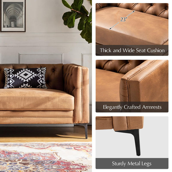 84" Faux Leather Button-Tufted 3-Seater Sofa with Metal Legs