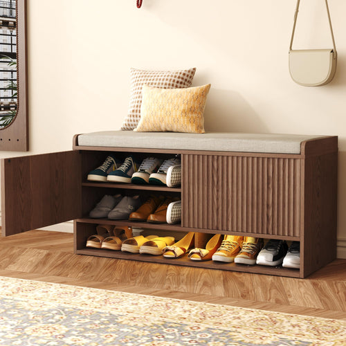 Fluted Shoe Storage Bench with LED Sensor Light