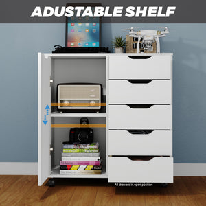 5-Drawer Chest with Door & Wheels – Wood Storage Dresser Cabinet