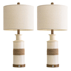 Boho Rattan Table Lamps Set of 2 with Touch Dimmer & USB Ports