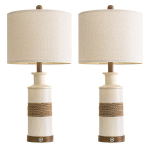 Boho Rattan Table Lamps Set of 2 with Touch Dimmer & USB Ports