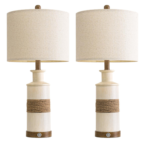 Boho Rattan Table Lamps Set of 2 with Touch Dimmer & USB Ports