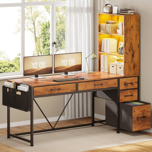 Computer Desk with Drawers, Bookshelf & LED Lights
