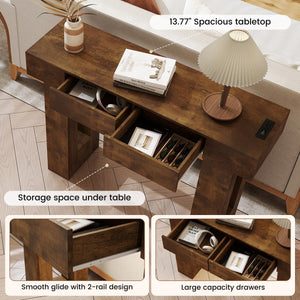 47" Farmhouse Console Table with LED Light, Drawers & Charging Station
