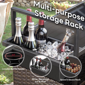 Outdoor Wicker Bar Cart with Storage Cabinet & Tempered Glass Top