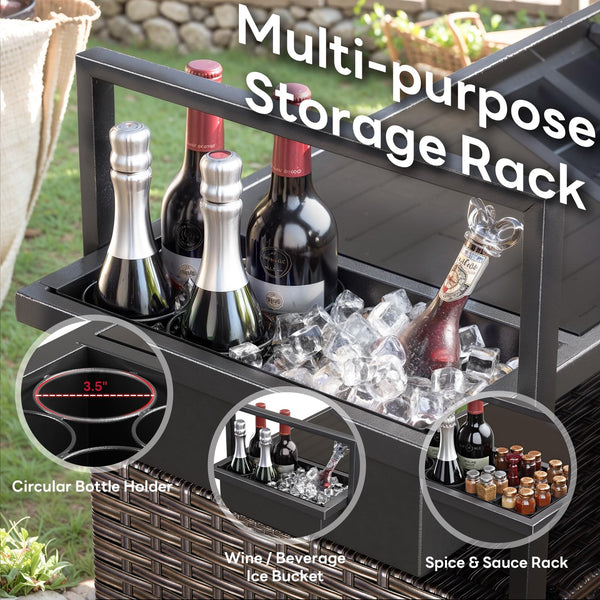 Outdoor Wicker Bar Cart with Storage Cabinet & Tempered Glass Top