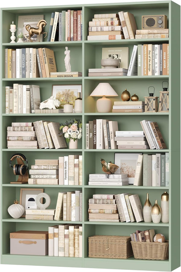 7-Tier Dual-Row Bookshelf with 14 Open Shelves