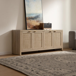 Boho TV Stand with 4 Rattan Cabinets – Farmhouse Entertainment Center, Fits TVs up to 65 Inch