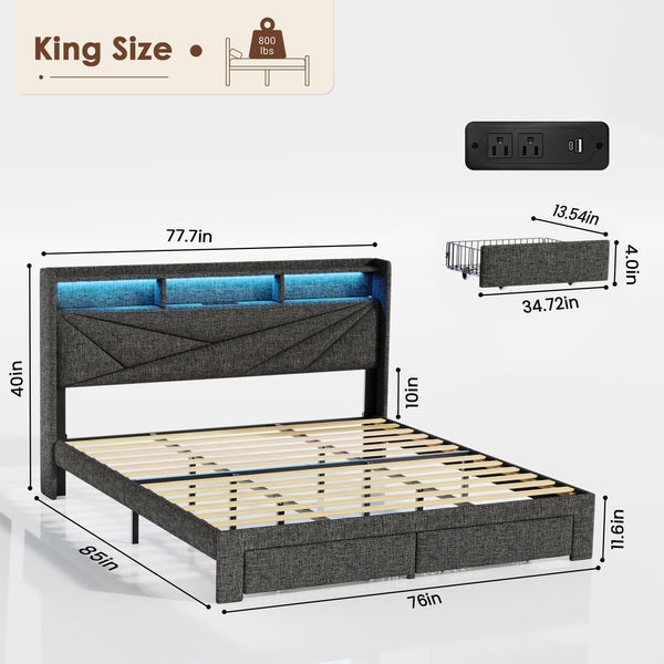 King Bed Frame with Storage Drawers & LED Headboard