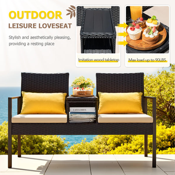 Outdoor Wicker Loveseat with Built-In Coffee Table & Storage