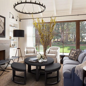 Round Coffee Table Set with 3 Nesting Stools — 30 Inch Modern Black