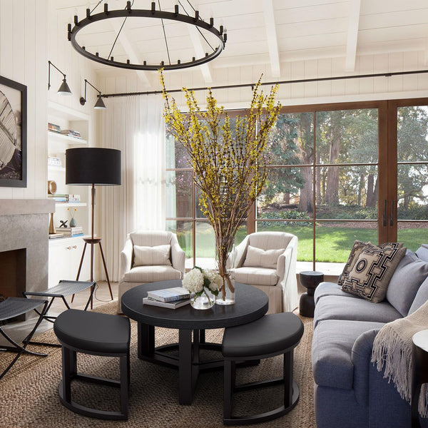 Round Coffee Table Set with 3 Nesting Stools — 30 Inch Modern Black