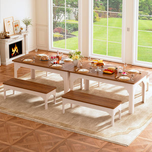 Farmhouse Dining Table Set with 2 Benches, 3-Piece, Brown & White