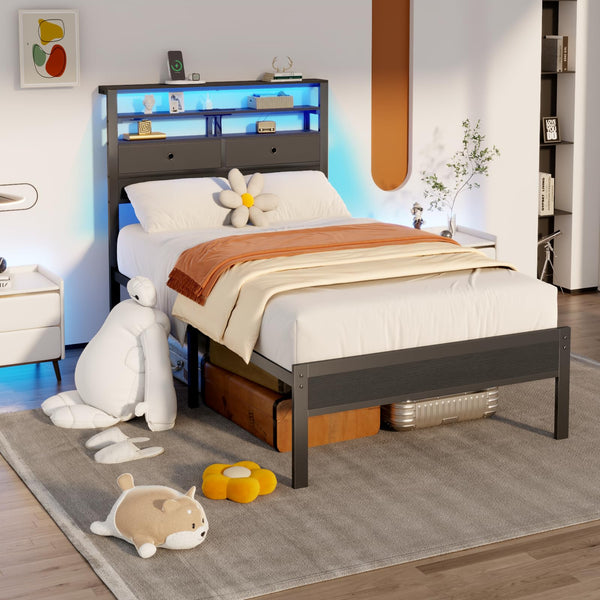 Platform Bed Frame with LED Lights, Charging Station & Storage Headboard
