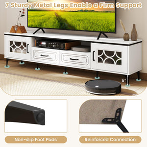 Tangkula Farmhouse TV Stand for TVs up to 80”, 71” Entertainment Center with 2 Drawers, 2 Cabinets & Compartment, with 7 Raised Metal Legs, Wood Media TV Console Table for Living Room (Antique White)