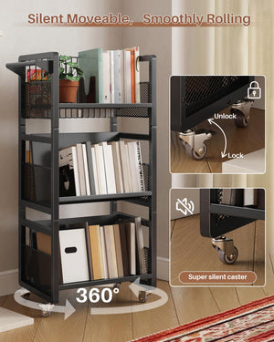 3-Tier Double-Sided Rolling Book Cart with Magnetic Supports