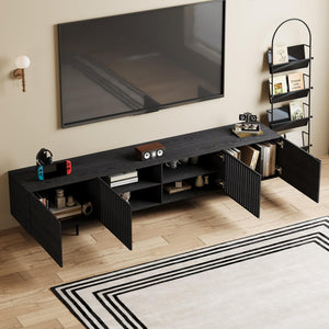 94" Mid-Century Modern Black TV Stand with Wood Slatted Doors & Metal Base