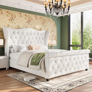 Upholstered Sleigh Bed Frame with Wingback Headboard