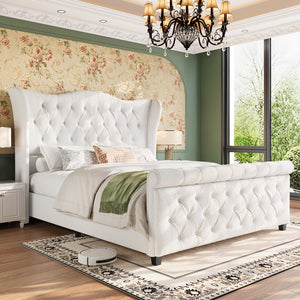 Upholstered Sleigh Bed Frame with Wingback Headboard