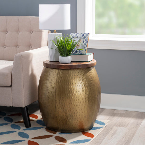Hammered Metal Storage Drum Side Table with Wood Top