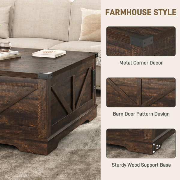 40" Square Farmhouse Lift Top Coffee Table with Power Outlets & Hidden Storage