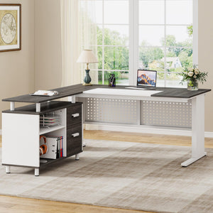 L-Shaped Executive Desk with File Cabinet & Storage Shelves