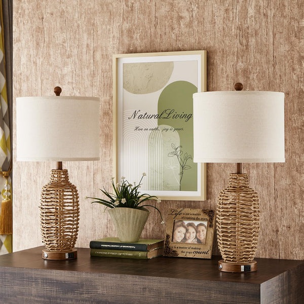 Rattan Table Lamps Set of 2 with USB Port & Dimmable Touch Control