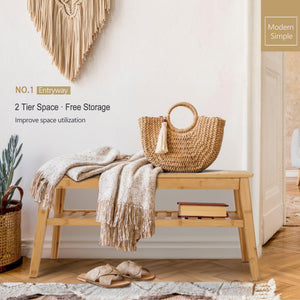 33.46" 2-Tier Bamboo Storage Bench, 300 lb Capacity
