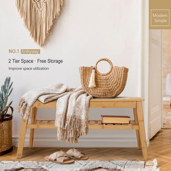 33.46" 2-Tier Bamboo Storage Bench, 300 lb Capacity