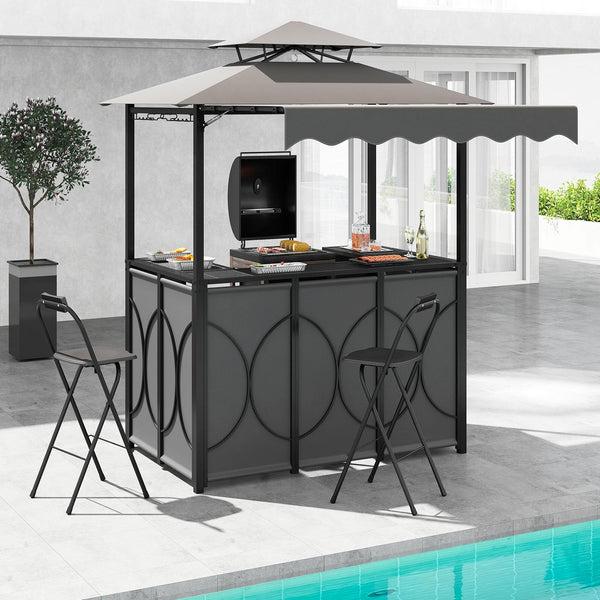 Outdoor Grill Gazebo Bar Set with Awning & 2 Foldable Bar Stools