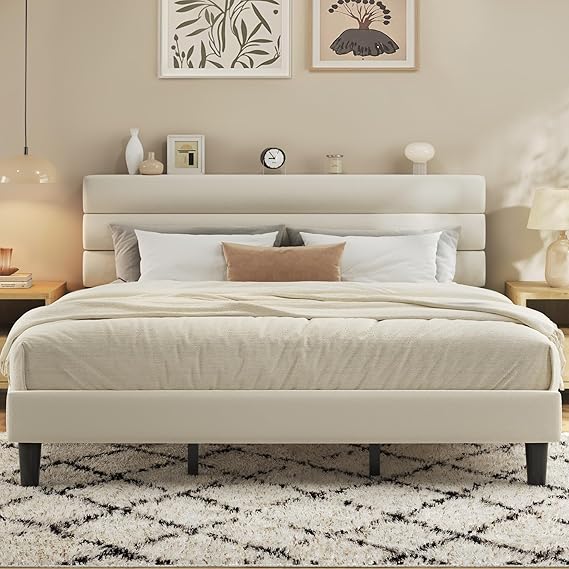 Velvet Upholstered Platform Bed Frame with Headboard